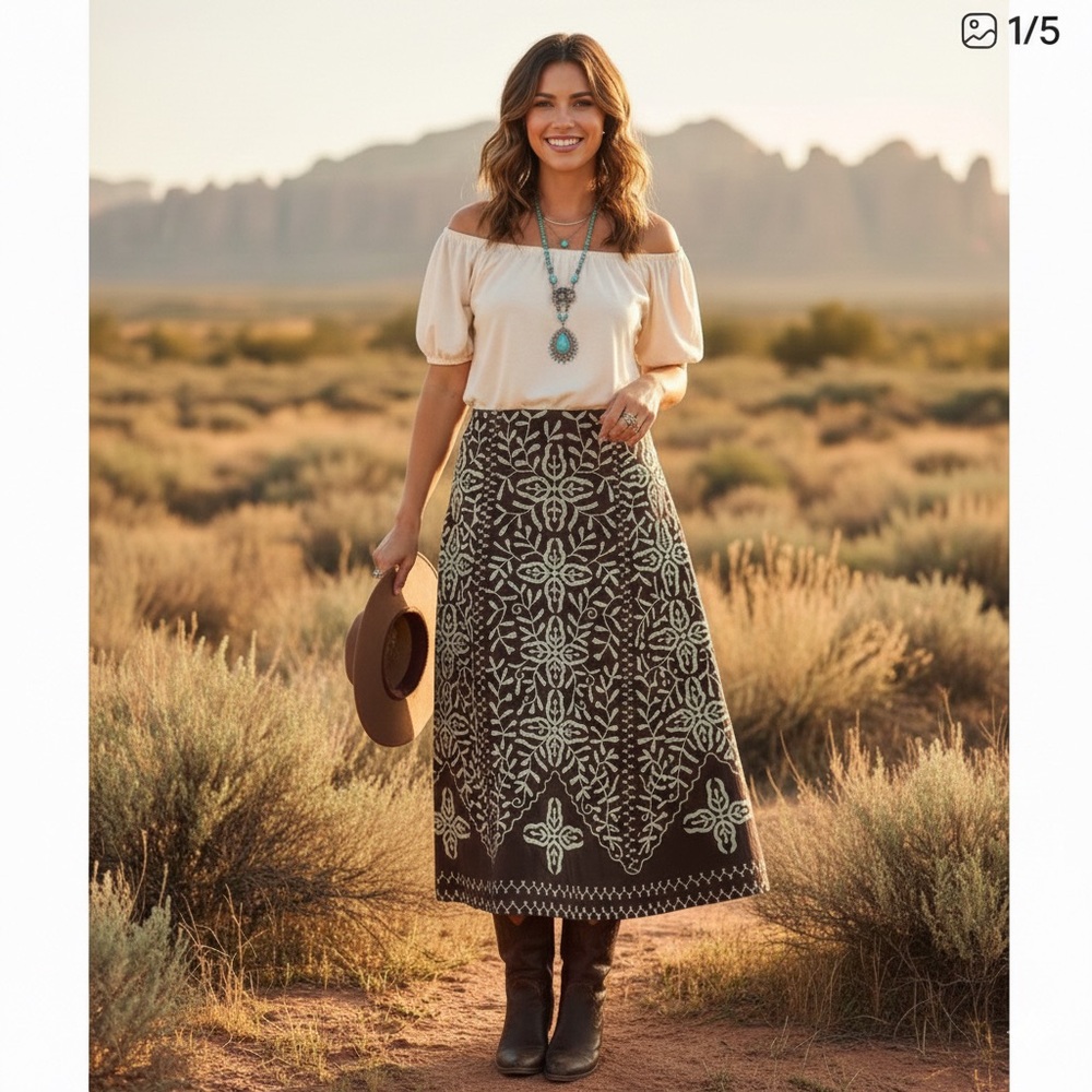 Vintage Maxi Skirt 14 Brown Green Embroidered Floral Cotton Boho Chic 90s